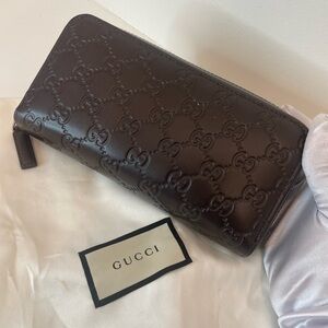 Gucci Dark Brown Embossed Leather Zip Wallet